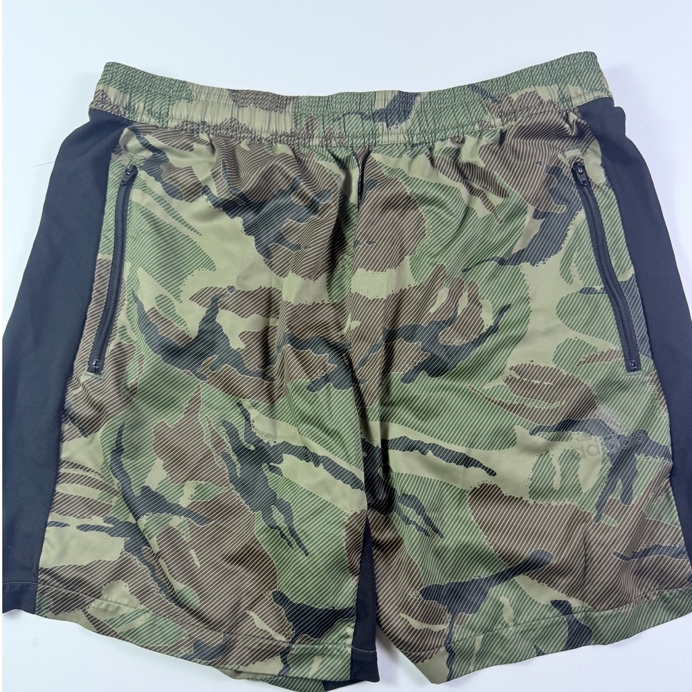 Adidas AeroReady Camo Training Shorts Mens Large Green Black Zip Pockets Gym